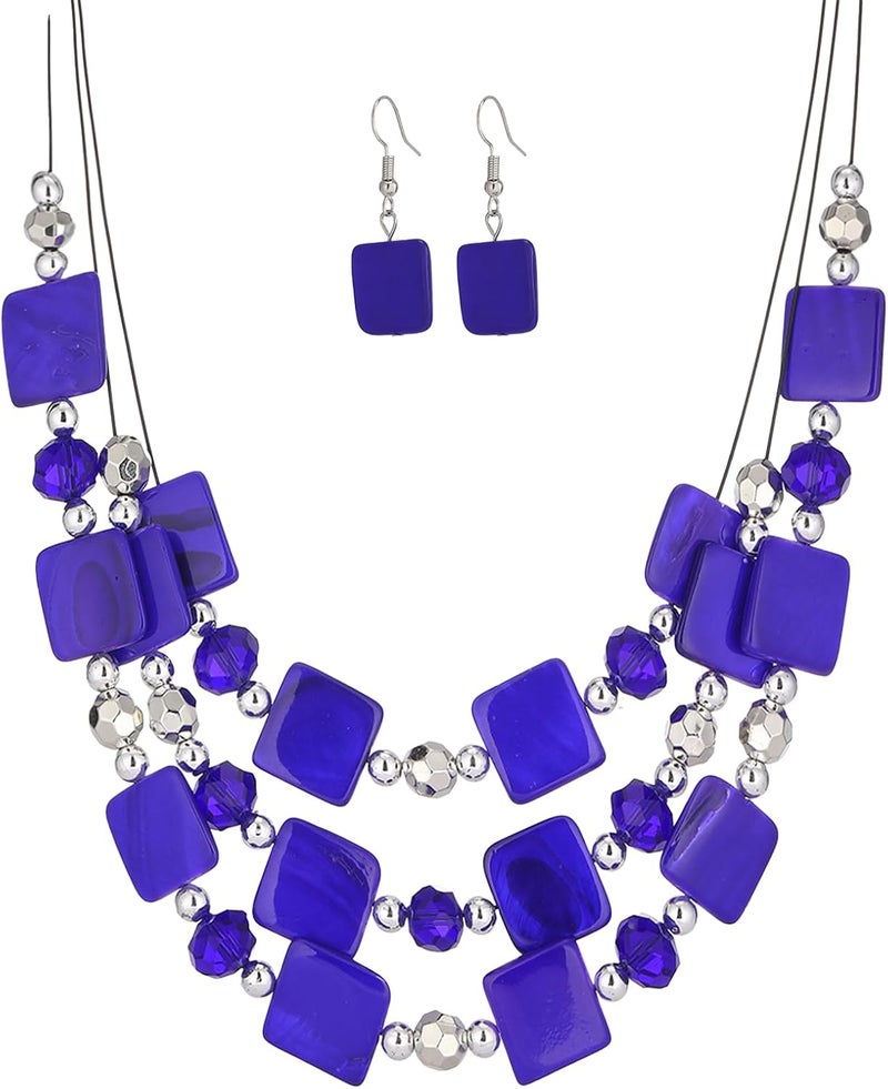 Errally Store Layered Beaded Statement Necklaces for Women Square Shell Bead Collar Necklace and Earring Set Birthday Gifts Boho Jewelry Sets for Women - Image 1